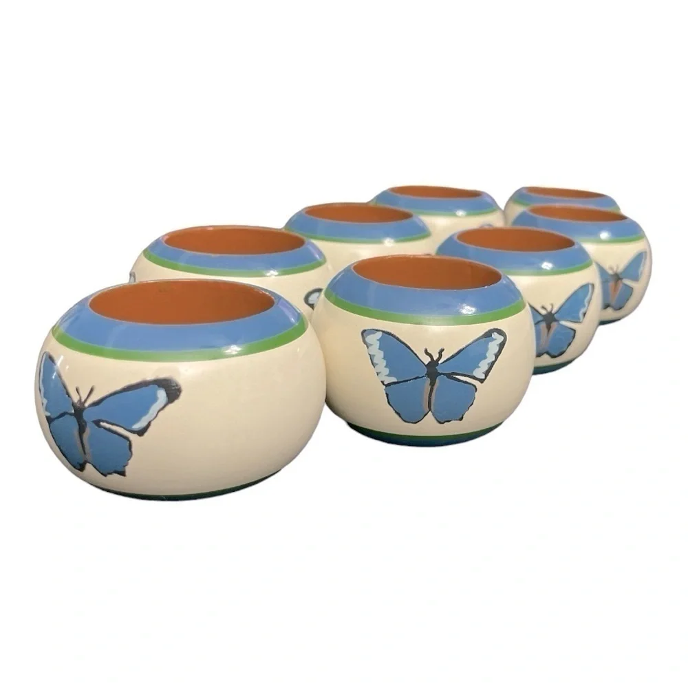 Pimpernel Napkins & Rings Butterfly Design ONE SET of 8. Hand painted wooden